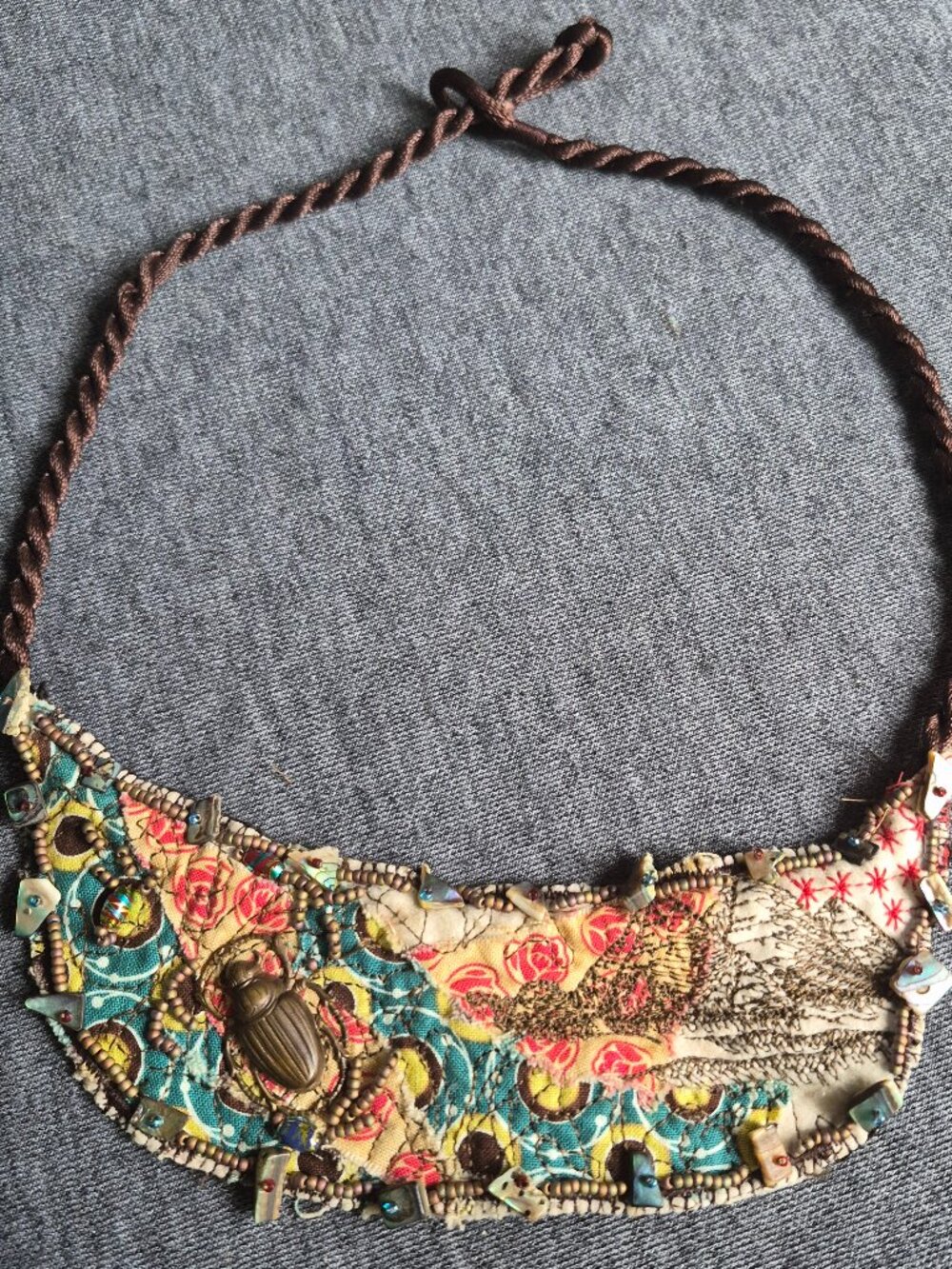 Vgt BOHO Crescent Bib Necklace Art textiles, embellishments on leather & Scarab